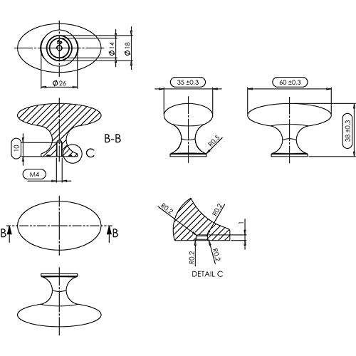 FURNIPART Möbelknopf Simple Breite 60mm - ovaler Möbelknauf, Zinkdruckguss Edelstahl Effekt