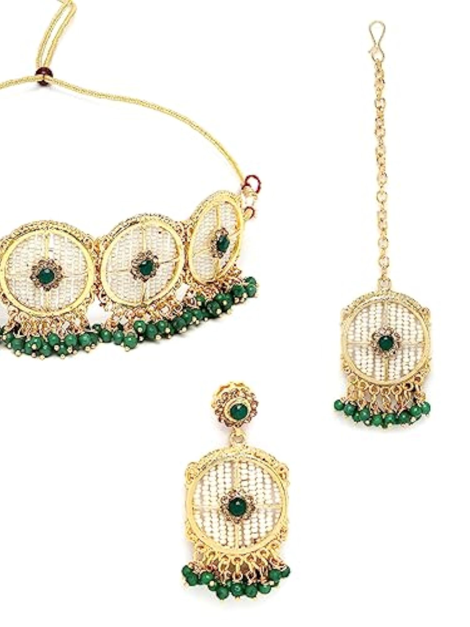 Circular Beads Choker Necklace Set With Earring And Maangtika