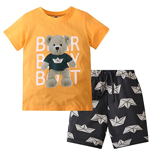 Image of LMYOVE Toddler Boy Short Set Little Boy Clothes Casual CrewNeck Short Sleeve T-Shirt and Short Sets Summer Beach Outfits (5T Yellow and Grey Bear)