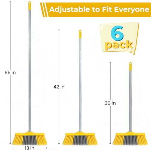 Image of 6 Pack Soft Bristle Indoor Brooms with 55 inch Long Handle, Heavy Duty Sweeping Broom for Hardwood Floors, Tile, Kitchen, Lobby, Office, Garage & Indoor Floor Cleaning