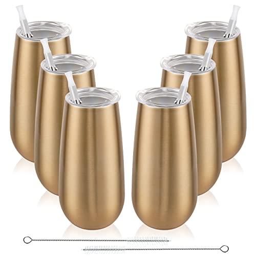 6 Pack Champagne Insulated Tumblers, Stemless Champagne Tumbler 6 Oz, Champagne Flutes Wine Tumbler, Unbreakable Cocktail Cups With Lid, Gift For Family Friends Christmas Birthday Wedding (Gold) #TOP5
