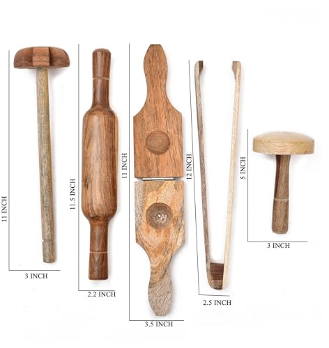 Image of Wooden Kitchen Tool Set for Cooking, Including Belan, Mathni, Dutta, Chimta, Lemon Press, Eco-Friendly Kitchenware Utensils, Durable & Easy to Clean