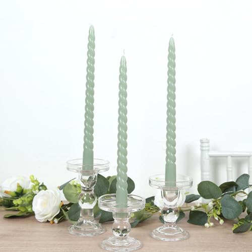 Efavormart 12 Pack 11" Sage Green Spiral Unscented Taper Candles, Long Burn Dripless Wax with Cotton Wick for Wedding Centerpieces and Events