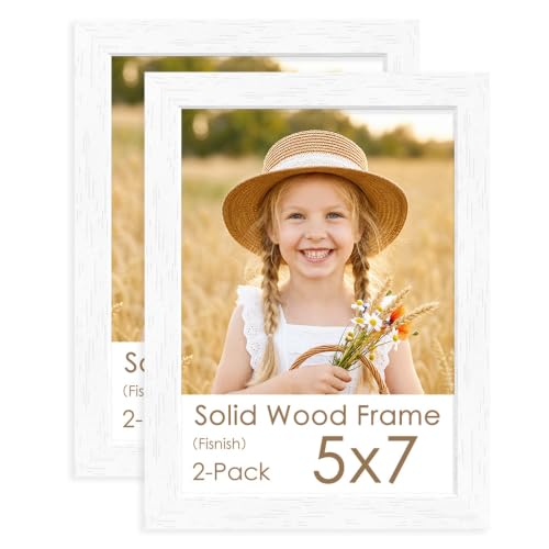 Image of 5x7 Picture Frame Set of 2, Solid Wood Frames, White Woodgrain