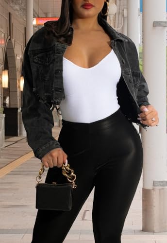 YouSexy Cropped Denim Jackets for Women Long Sleeve Destroyed Wash Jean Jackets2