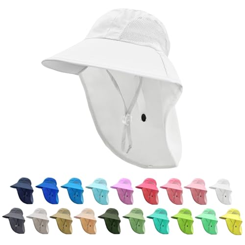 Image of Rosoz Kids Sun Hat with Neck Flap UV Protection Summer Toddler Beach Hat Unisex Ponytail Hat Wide Brim Fishing Hat