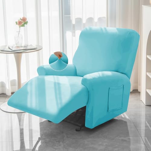 Image of HOKIPO 'SereneSolids' 140 GSM Recliner Stretch Sofa Slipcover 1 Seater Fully Covered 4-Piece Set Machine Washable Furniture Protector with Elasticity for Kids Pet, Sky Blue (AR-4740-SBLU)
