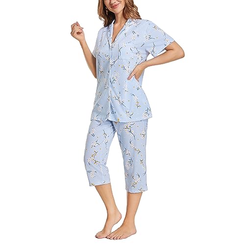 Image of Tugege Capri Pajamas Set Womens Button Down Short Sleeve Lounge Sets Sleepwear Notch Collar Top & Capri 2 Piece PJ Sets