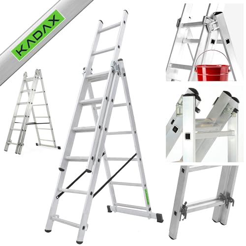 KADAX Multifunktionsleiter aus Aluminium, 6-stufige Anlegeleiter, bis 150 kg, Mehrzweckleiter mit Haken, Schiebeleiter