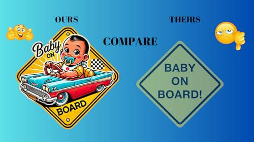 Image of SIGNS THAT POP Baby On Board Signs, Car Essentials - Baby On Board Sticker - 5 inch x 5 inch - Cute - Cartoon Safety Signs - Non Magnet - Durable Strong Adhesive (Classic Car)