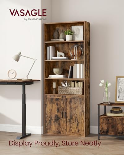 Image of VASAGLE Custos Collection - Bookshelf, 6-Tier Tall Bookcase, Book Shelf with Doors, Open Storage Shelf, 9.4 x 23.6 x 68.9 Inches, for Living Room, Home Office, Dining Room, Rustic Brown ULBC402K01