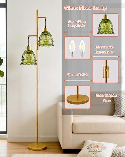 Image of 2-Light Modern Glass Floor Lamp, Gold Standing Tall Lamp with Green Lace Glass Shade for Reading, Dimmable LED Floor Lamp with 5Lbs Heavy Base for Living Room Bedroom Home Decor, Bulb Included