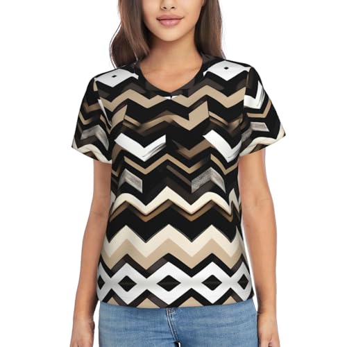 Black White Tan Zigzag Print Women Casual V-Neck T-Shirts, Short