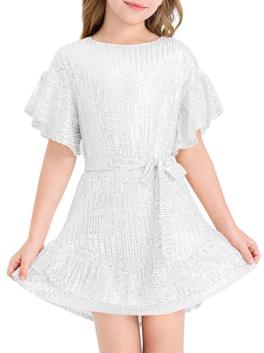 Batermoon Girls' Sequin Dress Crew Neck Bat Sleeve Ruffle Party Wedding Flower Dress with Belt for 5-14 Years