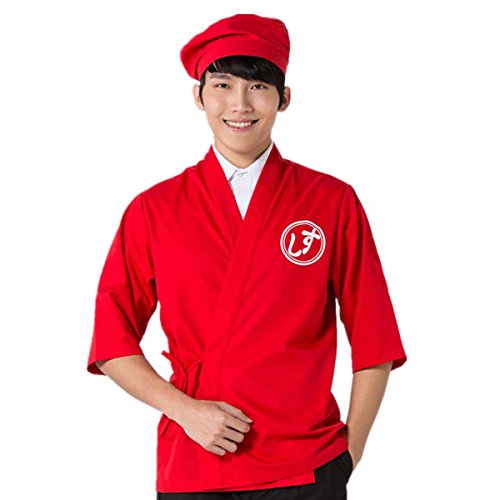 XINFU Men's Sushi Chef Jacket Kimono Collar Japanese 3/4 Sleeves Korea Coat Chef Uniform Cyan Chef Coat