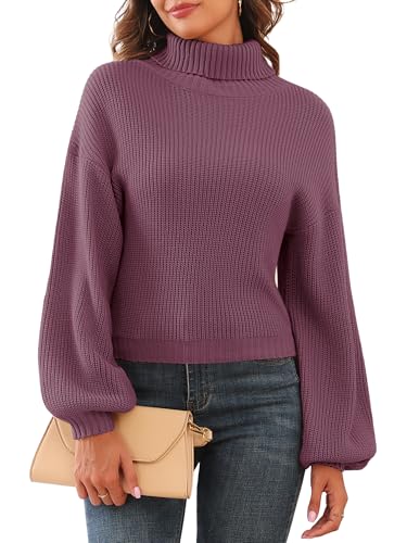 Image of ZAFUL Women's Cropped Turtleneck Sweater Lantern Sleeve Ribbed Knit Pullover Sweater Jumper