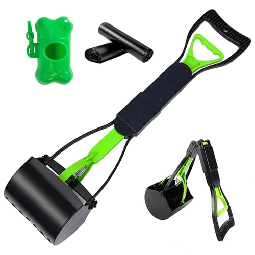 Image of Non-Breakable 24 Inch Portable Dog and Cats Poop Scooper with Foldable Long Handle, 20 Pet Waste Bags & 1 Dispenser, Set for Yard, Grass,Ideal for Large & Small Dogs (Green)
