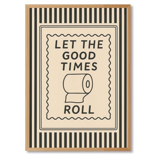 DSWEGVR Let The Good Times Roll Canvas Wall Art Print Pictures for Bathroom Funny Quote Poster Decor Retro Striped Black and White Restroom Toilet Artwork Humorous Bath Sign 8x12inch Wooden frame
