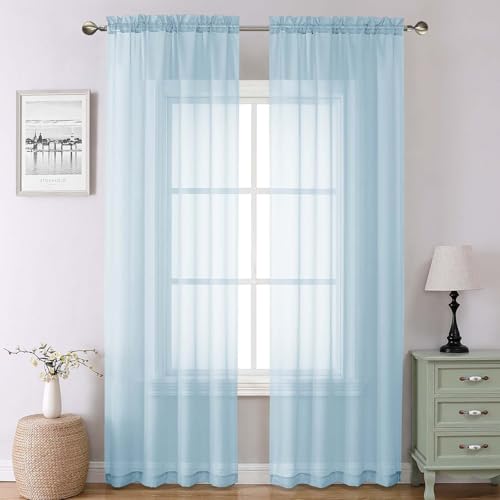 Lecloud Sky Blue Sheer Curtains 90 Inches Long 2 Panels, Light Filtering Voile Solid Airy Curtains, Transparent Farmhouse Decor with Dual Rod Pocket for Living Room Bedroom, Each 42" W x 90" L