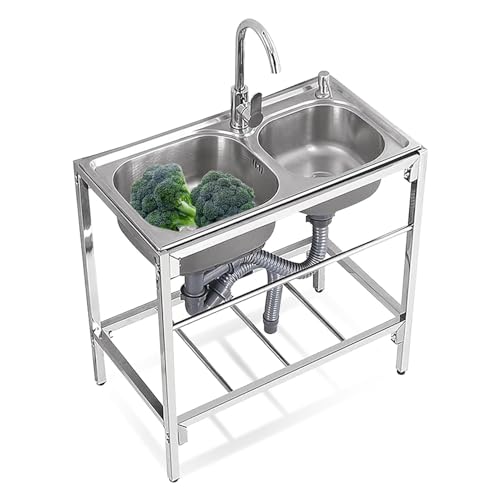 Évier de cuisine autoportant avec lavabo extérieur en acier inoxydable, double cuve, évier utilitaire de restaurant commercial avec étagère de rangement (taille: 80x43x75 cm)