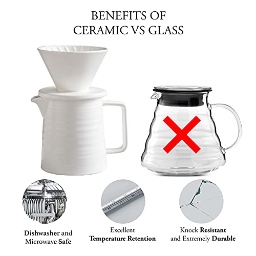 Conjunto de cafeteira Pour Over, coador e decantador de cerâmica branca premium V60, 1 – 2 xícaras d