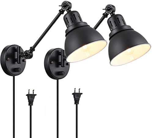 Sconces Wall Lighting, Tausende Plug in Wall Sconces Set of 2 Industrial Swing Arm Wall Lamp with Plug in Cord Black Indoor Wall Mounted Reading Lighting Fixture with On/Off Switch Bedside Bedroom