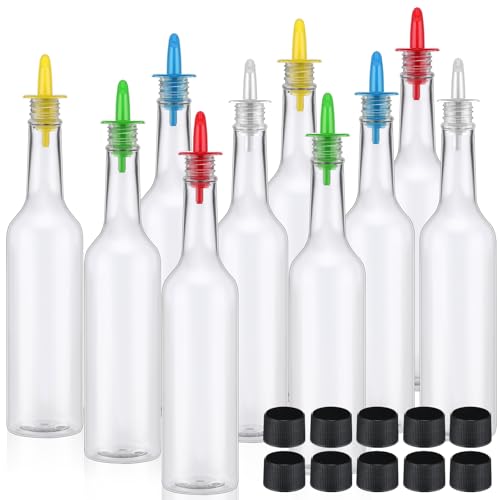 Tioncy 10 Sets 15oz Plastic Liquor Bottles with Pourers Sets 10 Plastic Long Neck Syrup Bottles with Pourer and Caps Reusable Leakproof for Home Party Bar (Multicolor)