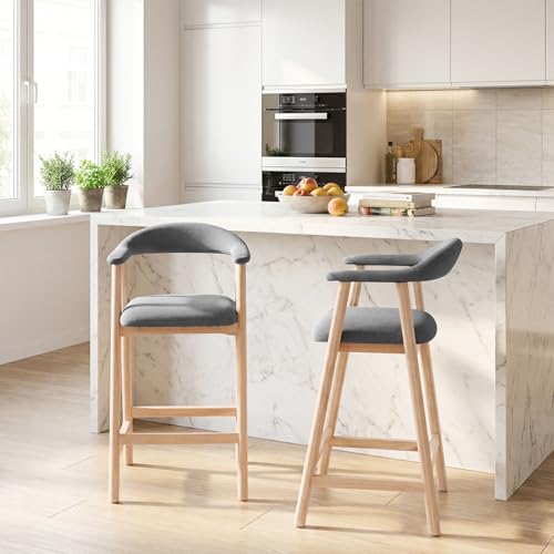 Image of 26 inch Bar Stools Set of 2, Upholstered Counter Stools, Modern Linen Counter Height Bar Chairs with Backs and Arms, Wood Legs and Footrest, for Kitchen Counter, Island, Dining Room, Grey