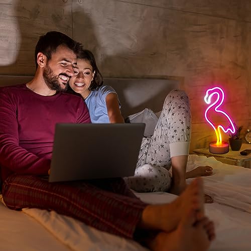 Image of Liliful 3 Pcs Flamingo Neon Lights Sign LED Pink Flamingo Lamps Decor Battery /USB Powered Neon Lights with Pedestal for Bedroom Decor Tropical & Hawaiian Party Birthday Gifts