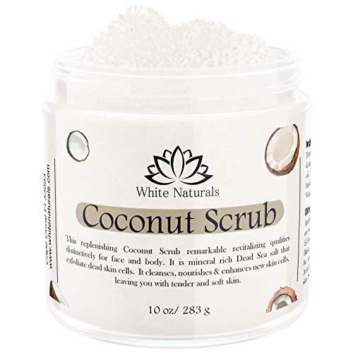 Organic Coconut Body Scrub, Exfoliating Dead Sea Salt Scrub, Gentle Exfoliation Shower Scrub, Coconut Oil Face Scrub with Shea Butter, Vitamin E and Naturals Oils, Nourishing and Hydrating Scrub 10 oz