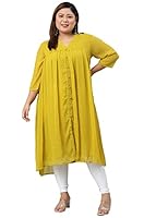 XL LOVE - By Janasya Women's Plus Size Mustard Poly Chiffon Self Design Flared Kurta