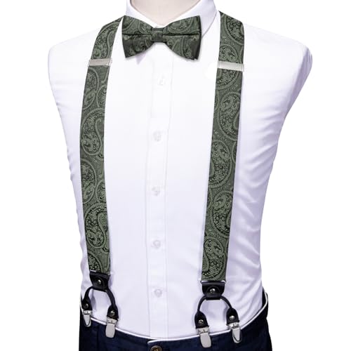 Image of YOHOWA Men Suspenders 6 Clips Strength Adjustable Y Braces Pre-Tied Bow Tie Set Formal Wedding Party