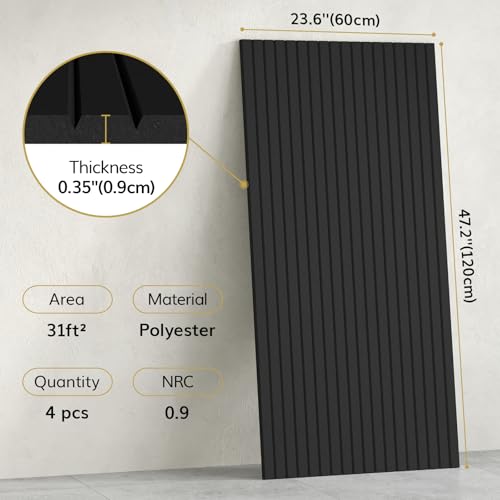 Image of TONOR 4 Pack Large Acoustic Panels,47.2 inch X 23.6 inch X 0.35 inch Acoustical Wall Panel, Self-Adhesive Sound Proof Panels, Decorative Soundproof Wall Panels for Echo Absorption for Home Studio Office, Black