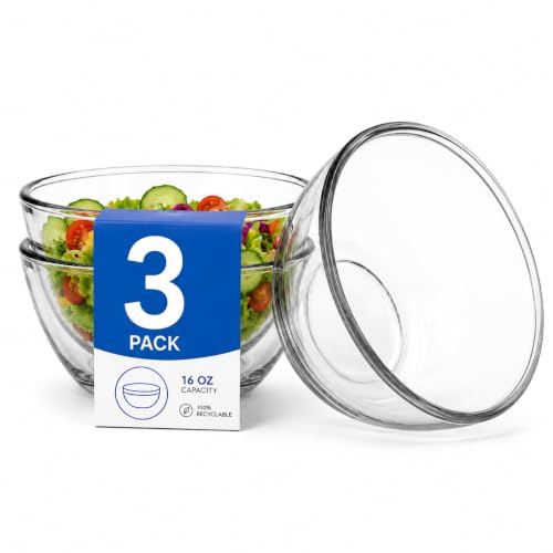 Wancilock 3-Pack Glass Cereal Bowls 15 oz Clear Glass Bowls for Salad Pasta Soup Dessert Cereal Modern Kitchen Serving Bowls Dishwasher Safe