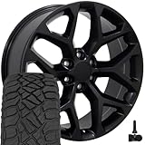 OE Wheels CV98B 22 Inch Rims and Tires Fit Silverado 1500 Snowflake Style 6x139.7 22x9 Satin Black - Hollander 5668 - TerraMax RT 285/45-22 (Set of 4)