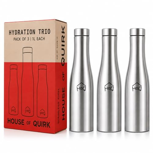 Image of House of Quirk 1 Litre Stainless Steel Water Bottle Pack of 3 with Sipper Cap - Single Wall Lightweight Sports & Fridge Bottle, Reusable Leak Resistant for Gym, Office, Travel & School (Silver)