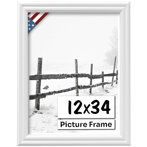 White 12x34 Picture Frame .75" Inch Wide - White Wall Decor Handmade Solid Wood Frames with Preinstalled Hangers and UV Blocking Plexiglass 34x12 Frame