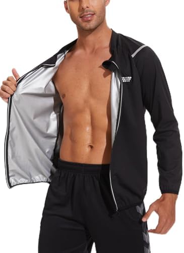 Clevvets Sauna Jacket for Men Long Sleeve Zipper Workout Lightweight Men Sweat Jacket Gym Exercise Fitness Running