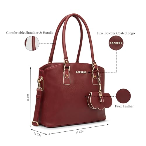 Image of Caprese Lexi Medium Satchel Bag for Women | Solid Faux Leather Handbag with Adjustable & Detachable Strap | Zipper Closure with External Eyewear /Sunglass Charm Case | Perfect for Office Use