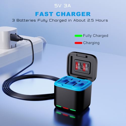 Image of Battery Charger Kits for Hero 12 /11 /10 /9, 2-Pack 2000mAh Battery | 3-Channel Fast Charger Fully Compatible with GoPro Hero 12, Hero 11, Hero 10, Hero 9 Black Official with Micro SD Card Slot