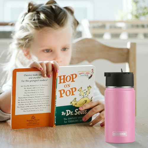 Image of koodee 12 oz Stainless Steel Water Bottle-Double Wall Vacuum Insulated Wide Mouth Flask with Straw, Sports Water Bottle for School (Pink)