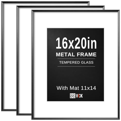 Image of VCK Black 16x20 Picture Frame Metal for Wall, 3 Pack Aluminum Poster Frame with Real Glass, with Mat for 11x14 Photo or 16x20 without Mat, Great for Wall Arts, Prints