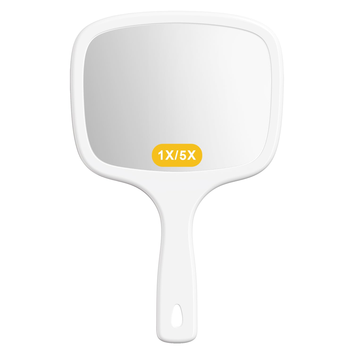 Auxmir Espejo de Mano, Aumento 5X / 1X Doble Cara, Espejo Mano con Mango 16x18CM, Grande Ligero para Peluquería Barberos Afeitados Peluqueros Maquillaje, Mango Larga Colgar Pared Baño, Blanco