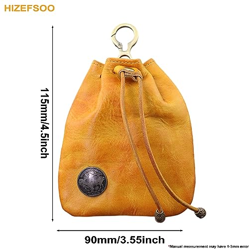 Genuine Leather Drawstring Pouch, Leather Coin Purse Pouch Keychain Mini Vintage Jewelry Key Dice Personality Change Coin Purse Pouch Bag Organizer for Men Women (Yellow)2