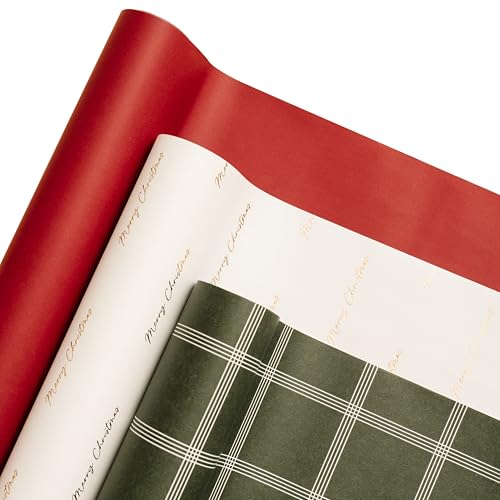 Merry Market Christmas Wrapping Paper Rolls Premium Matte Gift Wrap 30 x 168 Large Roll Gold-Foil Plaid Design Holiday Gift Wrapping