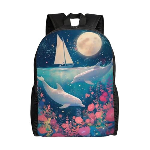 Comfort Fit Unisex Dolphins Moon Sailboat Backpack Durable for Daily Commute & Travel Adventures 16 Inch