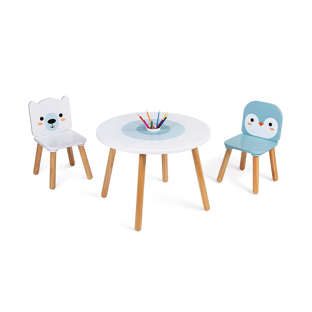 Janod - Tavolo e 2 Sedie Banchisa in Legno - Tavolino Rotondo per Bambini con Portapenne Rimuovibile - 1 Sedia Orso Bianco e 1 Sedia Pinguino - Ideale per Bambini da 3 a 6 Anni, J09650