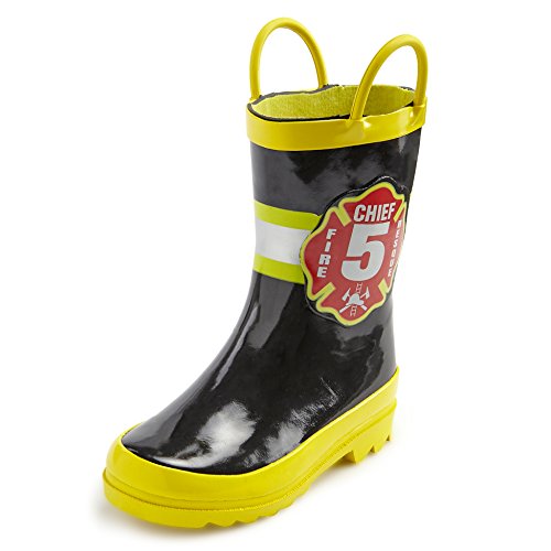 Puddle Play Toddler and Kids Waterproof Black Fire Chief Rubber Rain Boots Easy-On Handles - Size 10 Toddler