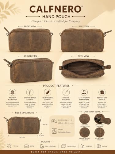 Image of Calfnero Genuine Leather Toiletry Bag for Men & Women | Premium Leather Travel-Pouch | Toiletry Organizer | Cosmetic & Shaving Kit Bag | Unisex Travel Dopp Kit (Hunter)