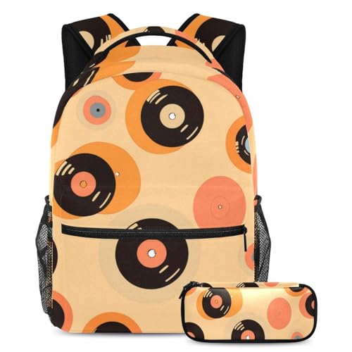 Lot de 2 cartables disques orange et multicolore ensemble sac à dos scolaire et trousse